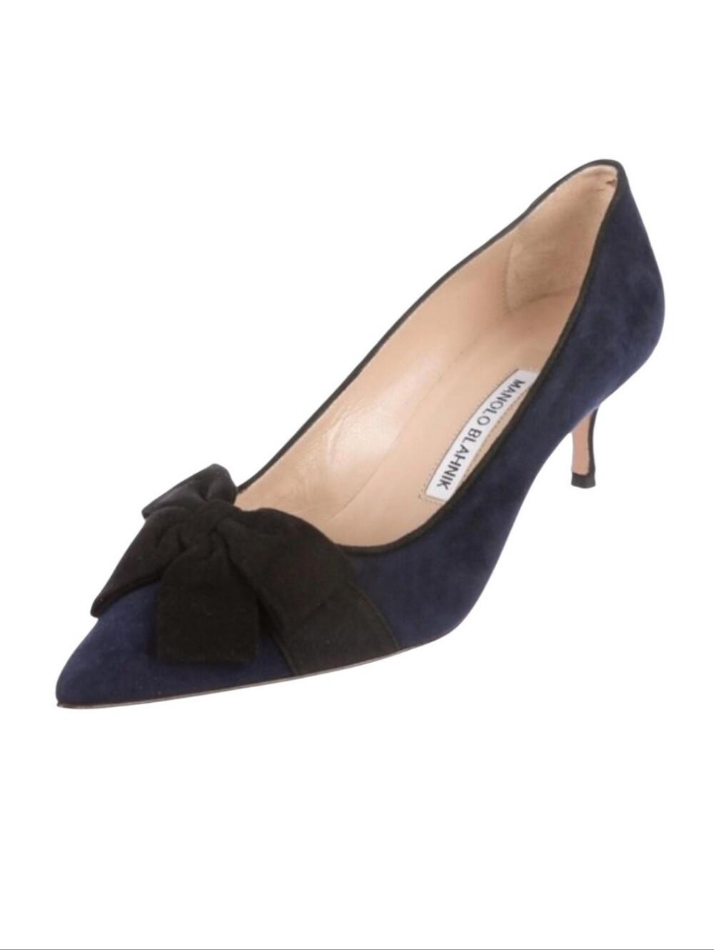 Manolo Blahnik Contina Suede Navy Blue Bow Pointed Toe Pumps Size 38